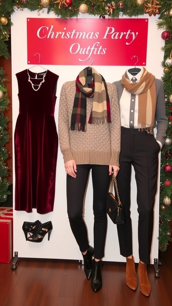A collection of chic Christmas party outfits suitable for cold weather, including dresses, sweaters, and trousers, displayed with festive accessories.